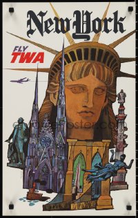 1g0455 TWA NEW YORK 16x25 travel poster 1960s Klein art of Statue of Liberty & more, ultra rare!