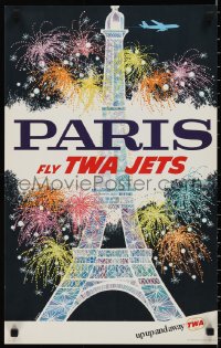 1g0456 TWA PARIS 16x25 travel poster 1967 great David Klein art of Eiffel Tower & fireworks!