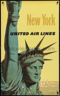 1g0448 UNITED AIR LINES NEW YORK 25x40 travel poster 1950s Galli art of Statue of Liberty!