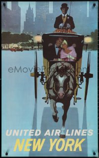 1g0449 UNITED AIR LINES NEW YORK 25x40 travel poster 1950s-1960s couple in carriage by Galli, rare!