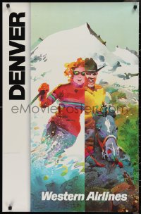 1g0445 WESTERN AIRLINES DENVER 24x37 travel poster 1960s Weller art of skier & man riding horse!