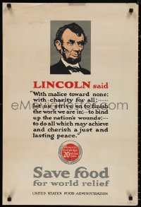 1g0408 SAVE FOOD FOR WORLD RELIEF 20x30 WWI war poster 1910s President Abraham Lincoln quote!