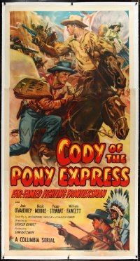 1h0063 CODY OF THE PONY EXPRESS linen 3sh 1950 cool Glenn Cravath art of Jock Mahoney, serial, rare!