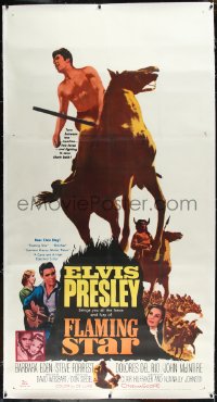 1h0068 FLAMING STAR linen 3sh 1960 Elvis Presley on horseback with rifle, Barbara Eden, Don Siegel!