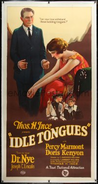 1h0076 IDLE TONGUES linen 3sh 1924 Thomas Ince's drama of small town gossip, cool art, ultra rare!