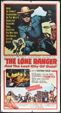 1h0081 LONE RANGER & THE LOST CITY OF GOLD linen 3sh 1958 masked Clayton Moore & Jay Silverheels!