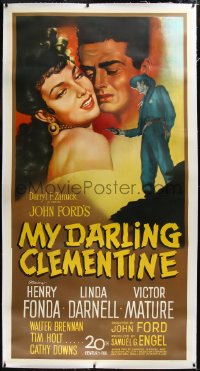 1h0083 MY DARLING CLEMENTINE linen 3sh 1946 best Gargiulo art of Darnell, Fonda, Mature, ultra rare!