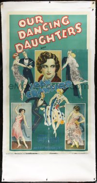 1h0086 OUR DANCING DAUGHTERS linen INCOMPLETE 3sh 1928 art of flapper Joan Crawford, ultra rare!