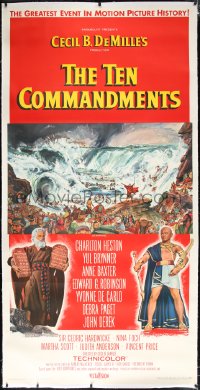 1h0093 TEN COMMANDMENTS linen 3sh 1956 Cecil B. DeMille classic, art of Charlton Heston & Yul Brynner!