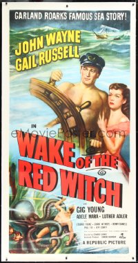 1h0097 WAKE OF THE RED WITCH linen 3sh R1952 art of barechested John Wayne & Gail Russell at sea!