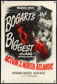 1h0896 ACTION IN THE NORTH ATLANTIC linen 1sh 1943 great c/u of Humphrey Bogart + sexy Julie Bishop!