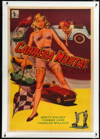 1h0761 SPEED CRAZY linen Argentinean 1958 from the jet hot age, sexy sports car racing art, rare!