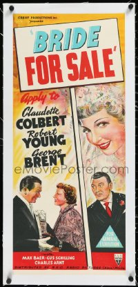 1h0825 BRIDE FOR SALE linen Aust daybill 1949 Claudette Colbert w/both Robert Young & George Brent!