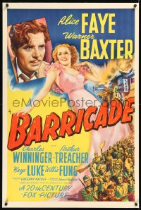 1h0921 BARRICADE linen 1sh 1939 full-length art of beautiful Alice Faye + Warner Baxter, very rare!