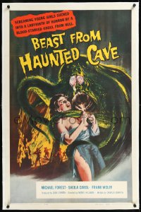 1h0926 BEAST FROM HAUNTED CAVE linen 1sh 1959 uncensored art of monster with sexy near-naked victim!