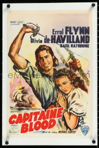 1h0853 CAPTAIN BLOOD linen Belgian R1950s Wik art of pirate Errol Flynn & sexy Olivia de Havilland!