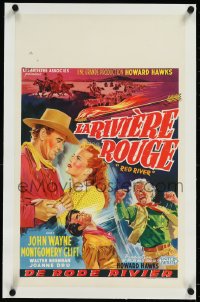 1h0866 RED RIVER linen Belgian 1949 different art of John Wayne, Montgomery Clift & Dru, Howard Hawks!