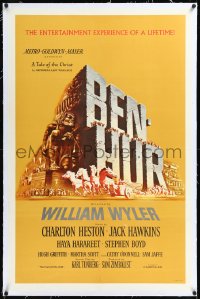 1h0929 BEN-HUR linen 1sh 1960 Charlton Heston, William Wyler classic epic, cool chariot & title art!