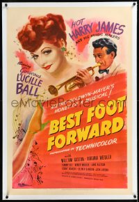 1h0930 BEST FOOT FORWARD linen style D 1sh 1943 art of Lucille Ball & Harry James with trumpet, rare!