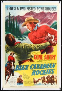 1h0951 BLUE CANADIAN ROCKIES linen 1sh 1952 tough cowboy Gene Autry is a two-fisted powerhouse!
