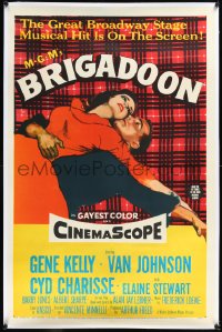 1h0966 BRIGADOON linen 1sh 1954 great romantic close up art of Gene Kelly & Cyd Charisse over plaid!