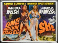 1h0845 ONE MILLION YEARS B.C./SHE linen British quad 1960s Welch & Andress, Chantrell art, teaser!