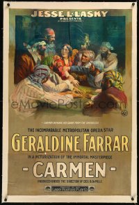 1h0980 CARMEN linen style B 1sh 1915 Cecil B. DeMille, Geraldine Farrar demands her share, rare!