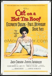 1h0983 CAT ON A HOT TIN ROOF linen 1sh 1958 classic artwork of Elizabeth Taylor as Maggie the Cat!