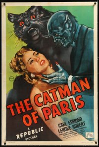 1h0986 CATMAN OF PARIS linen 1sh 1946 really cool horror art of feline monster attacking sexy girl!