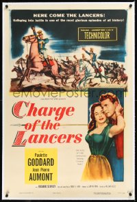 1h0990 CHARGE OF THE LANCERS linen 1sh 1954 art of sexy Paulette Goddard & Jean Pierre Aumont!