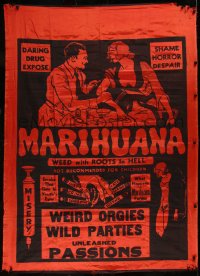 1h0358 MARIHUANA 45x63 silk banner 1935 Dwain Esper drug expose, The Weed with Roots in Hell, rare!
