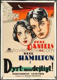1h0753 WHAT A NIGHT linen Danish 1928 cool artwork of Bebe Daniels & Neil Hamilton, very rare!