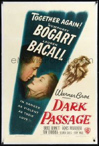 1h1021 DARK PASSAGE linen 1sh 1947 Humphrey Bogart & Lauren Bacall together again in violent love!