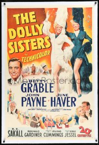 1h1028 DOLLY SISTERS linen 1sh 1945 sexy entertainers Betty Grable & June Haver in wild outfits!