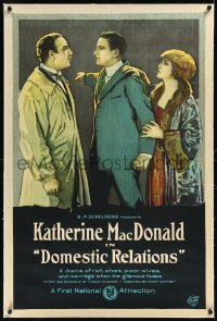 1h1029 DOMESTIC RELATIONS linen 1sh 1922 art of Katherine MacDonald in silent love triangle, rare!