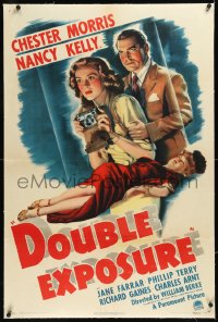 1h1032 DOUBLE EXPOSURE linen 1sh 1944 art of Chester Morris & Nancy Kelly with camera, film noir!