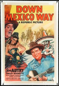 1h1034 DOWN MEXICO WAY signed linen 1sh 1941 by Gene Autry, great art w/ Smiley Burnette & senorita!