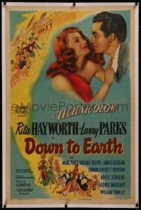 1h1035 DOWN TO EARTH linen style B 1sh 1946 c/u of sexy Rita Hayworth & Larry Parks, plus great art!