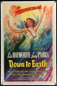1h1036 DOWN TO EARTH linen style A 1sh 1947 sensational different colorful art of sexy Rita Hayworth!