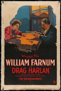 1h1039 DRAG HARLAN linen 1sh 1920 art of man pointing two guns at wounded William Farnum, ultra rare!