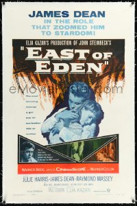 1h1043 EAST OF EDEN linen 1sh R1957 James Dean in the role that zoomed him to stardom, John Steinbeck!