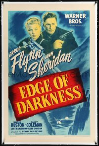 1h1046 EDGE OF DARKNESS linen 1sh 1942 great image of Errol Flynn & Ann Sheridan, both pointing guns!