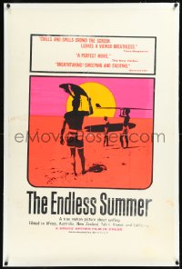 1h1054 ENDLESS SUMMER linen dayglo 1sh 1967 John Van Hamersveld art, Bruce Brown surfing classic!