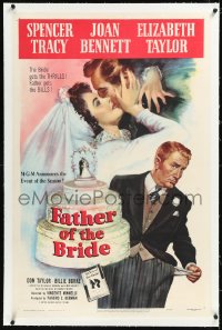 1h1063 FATHER OF THE BRIDE linen 1sh 1950 art of Liz Taylor in wedding gown & broke Spencer Tracy!