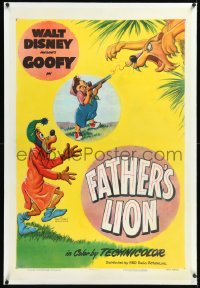 1h1064 FATHER'S LION linen 1sh 1952 art of Goofy's son shooting lion w/pop gun, Disney cartoon, rare!