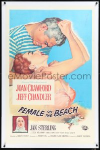 1h1065 FEMALE ON THE BEACH linen 1sh 1955 Tidman art of Joan Crawford & Jeff Chandler, Jan Sterling