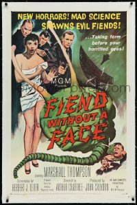 1h1068 FIEND WITHOUT A FACE linen 1sh 1958 giant brain & sexy girl in towel, mad science spawns evil!