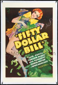 1h1069 FIFTY DOLLAR BILL linen 1sh 1935 full-length colorful art of sexy showgirl with cash, rare!