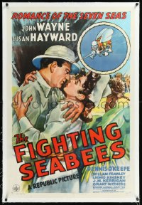 1h1071 FIGHTING SEABEES linen 1sh 1944 art of Navy man John Wayne & sexy Susan Hayward, ultra rare!