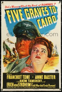 1h1073 FIVE GRAVES TO CAIRO linen 1sh 1943 Billy Wilder, art of Nazi Erich von Stroheim & Anne Baxter